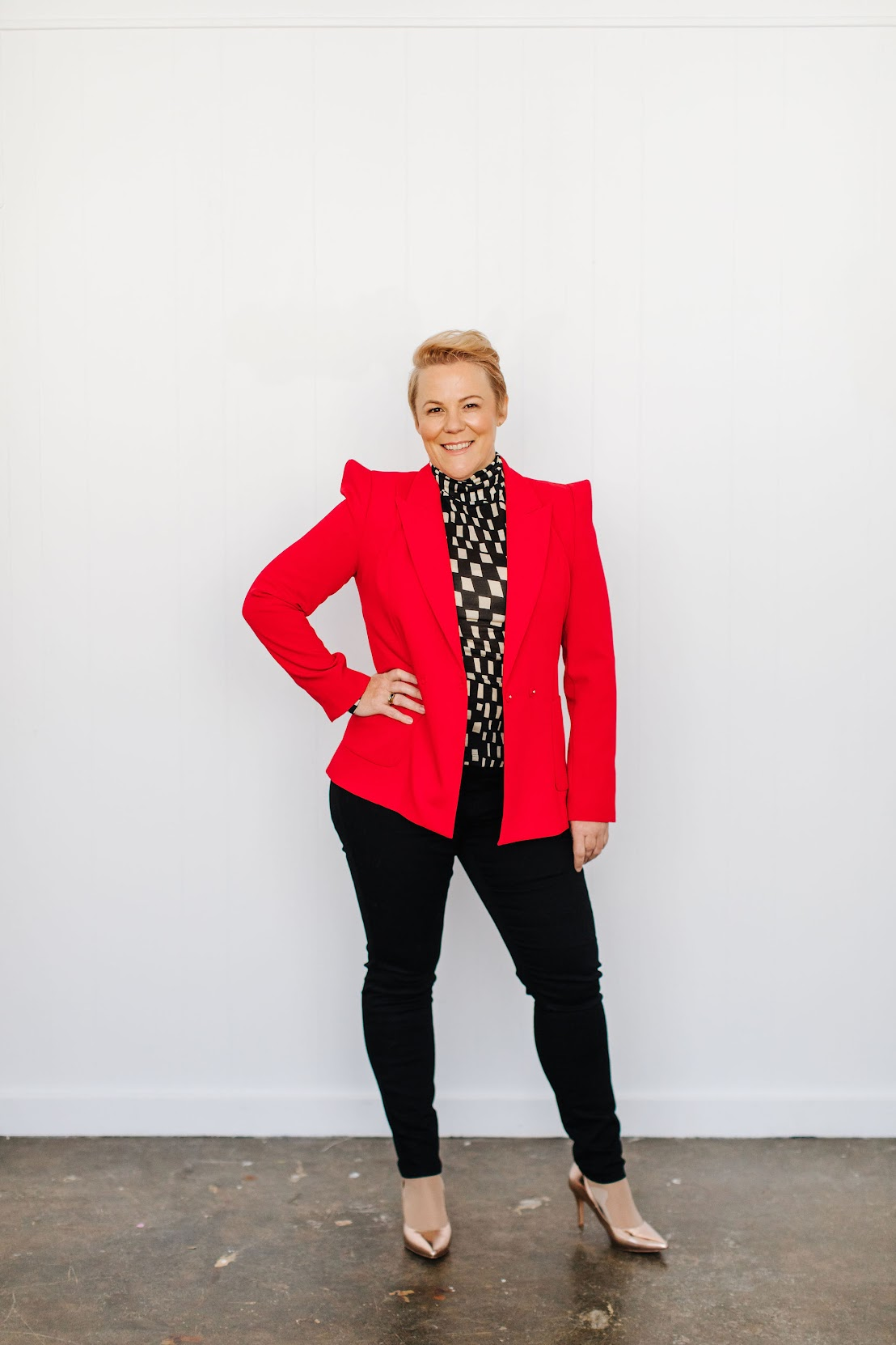 Rebecca Houghton in red jacket